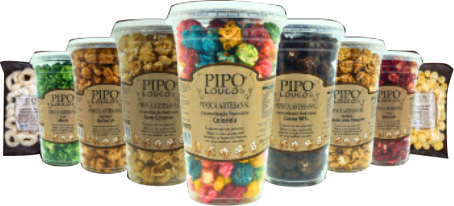 Pipocas artesanais coloridas da Pipo Loucos em diversos sabores